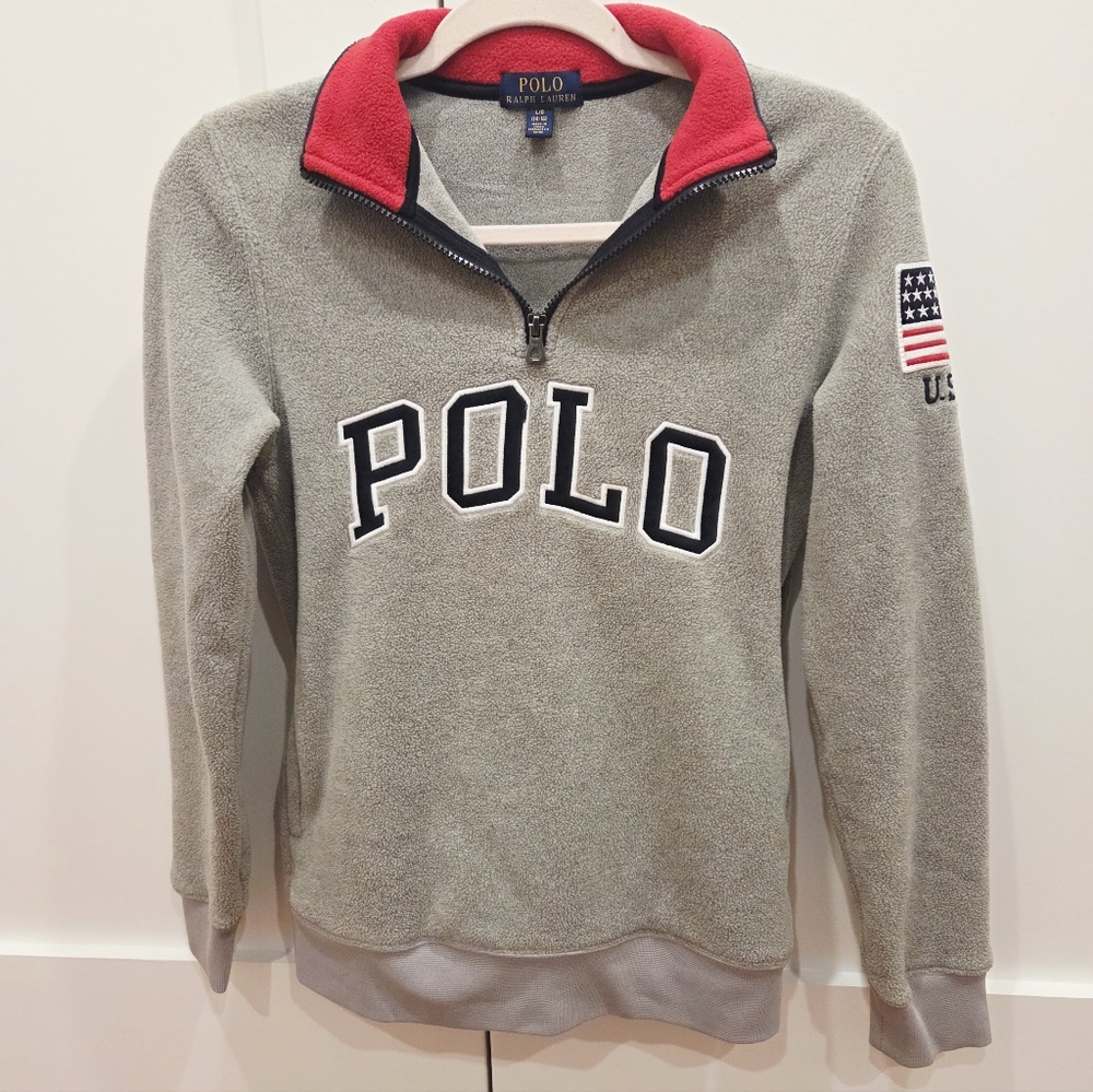 Polo Ralph Lauren  Gray and Red Quarter-Zip Fleece Sweatshirt USA Flag Patch